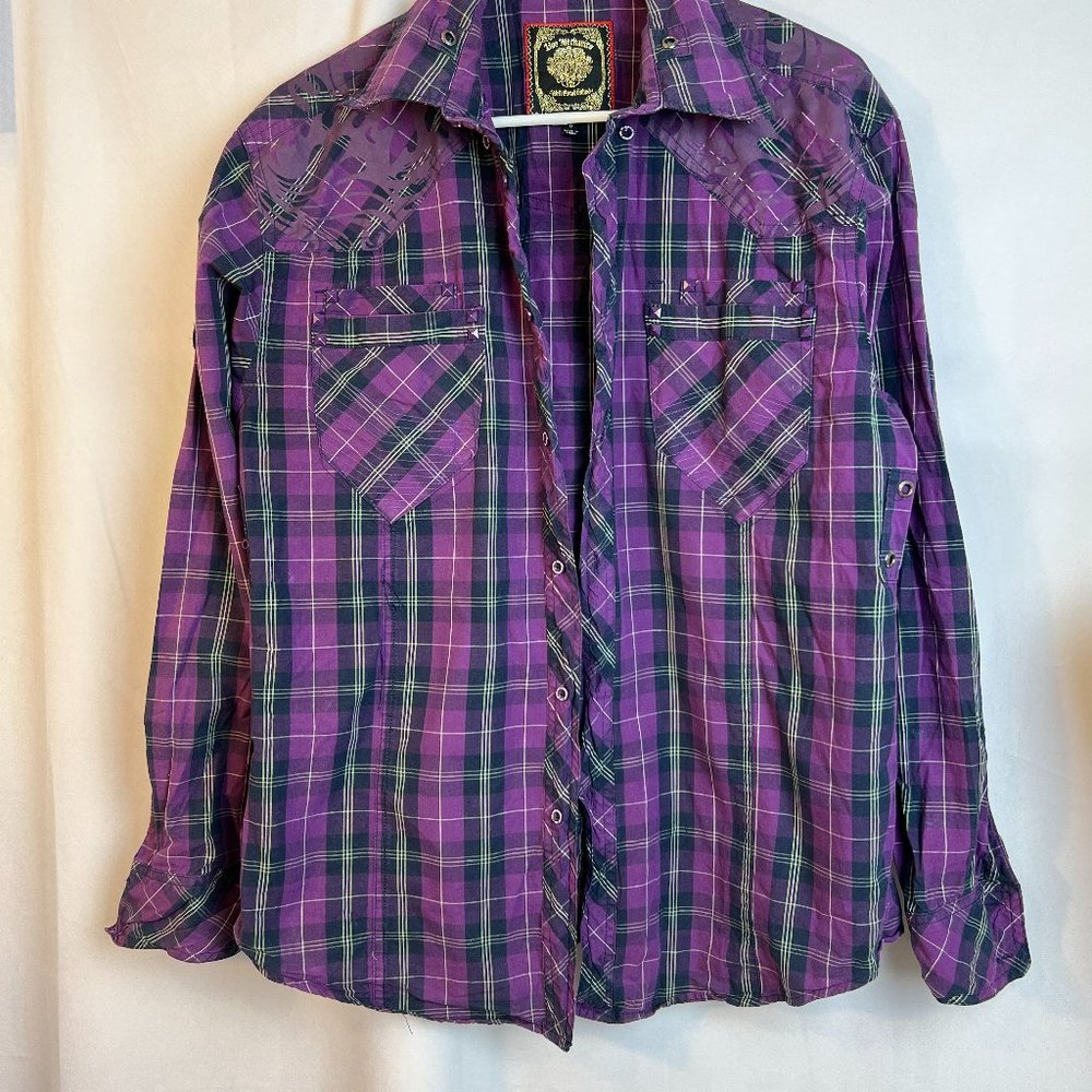 Men's Live Mechanics Purple Plaid Western Style Shirt Sz L Embellished Grommets
